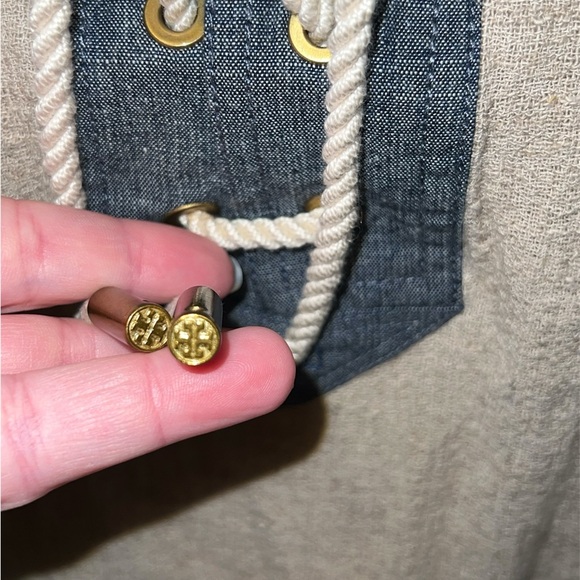 Tory Burch Jonisse tan/blue linen blend tunic top with pockets - Picture 3 of 11